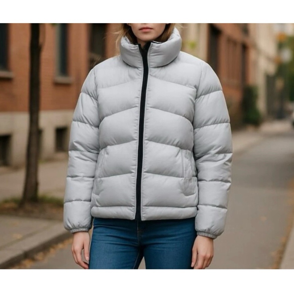 NWT Theory Stand Collar Puffer Down Jacket Silver Grey Down Size S - Picture 2 of 8